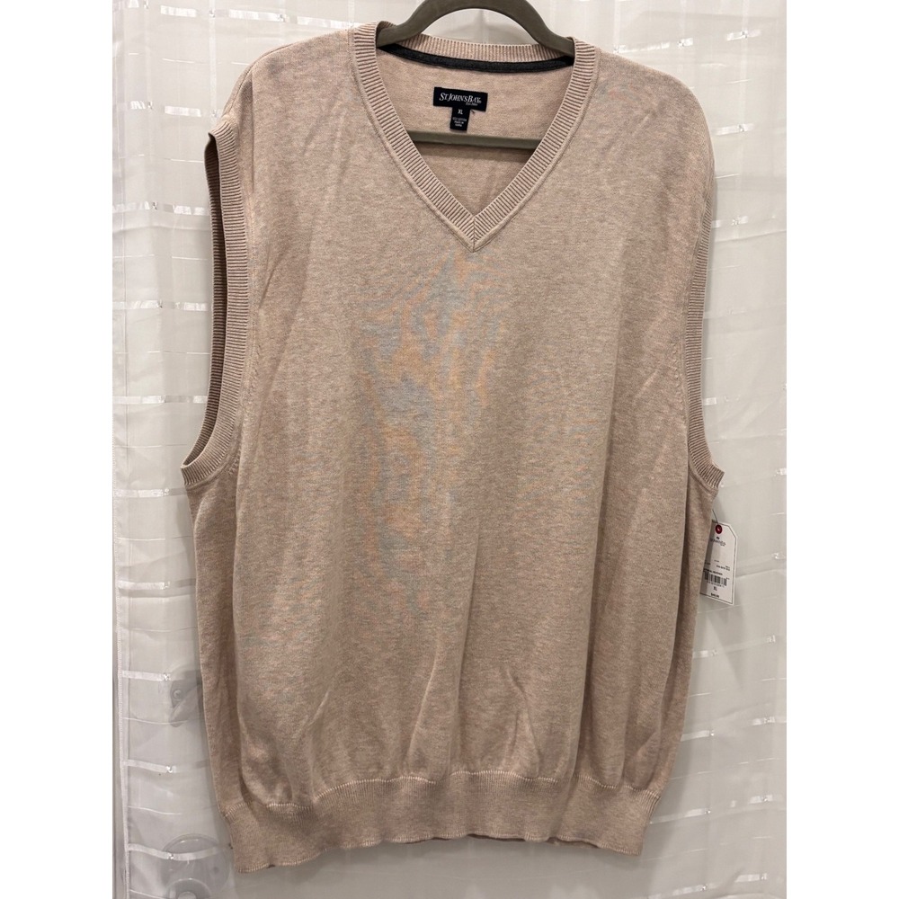 St Johns Bay Mens XL Tan Heathered Cotton V-Neck Sweater Vest NWT
